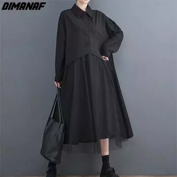 DIMANAF 2023 Новая осенняя стильная блузка женское сетчатое платье в стиле пэчворк модное свободное черное платье длинное платье-рубашка