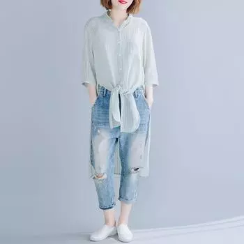 DIMANAF 2023 Новая стильная блузка в полоску Повседневная рубашка винтажная женская свободная рубашка с коротким рукавом рубашка с открытой строчкой модная мягкая рубашка