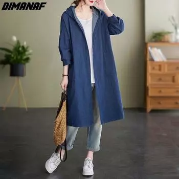 DIMANAF 2023 Новая весенняя длинная куртка больших размеров, женские джинсовые пальто, повседневная осенняя свободная хлопковая куртка на пуговицах, куртка оверсайз