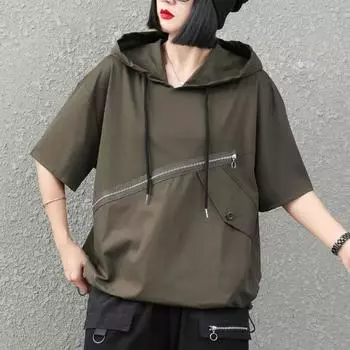 DIMANAF 2023 Новая женская футболка больших размеров с капюшоном на молнии, свободная летняя однотонная рубашка с круглым вырезом и коротким рукавом
