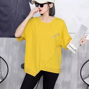 DIMANAF 2023 Новая женская футболка больших размеров женская однотонная с круглым вырезом на молнии хлопковые свободные топы и футболки с короткими рукавами большого размера желтые