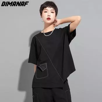 DIMANAF 2023 Новая женская футболка больших размеров с карманами, женские свободные топы и футболки с круглым вырезом, черная футболка с короткими рукавами и короткими рукавами L чёрный