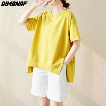 DIMANAF 2023 Новая женская футболка Летучая мышь женская однотонная с круглым вырезом из хлопка Свободные топы и футболки с короткими рукавами большого размера желтые