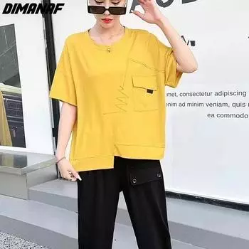 DIMANAF 2023 Новая женская футболка Летучая мышь женская однотонная в полоску с круглым вырезом и карманами, хлопковые свободные топы с короткими рукавами и футболки желто-зеленого цвета