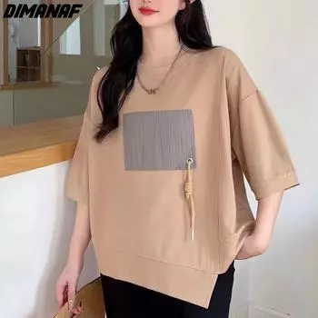 DIMANAF 2023 Новая женская футболка на молнии, женская однотонная хлопковая рубашка с круглым вырезом, свободные топы и футболки с короткими рукавами, большие размеры, желтая One Size розовый