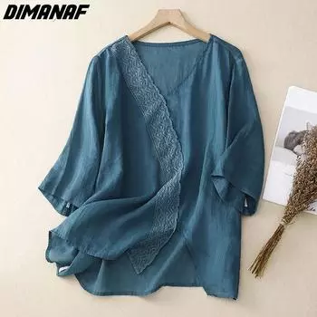 DIMANAF 2023 Новая женская кружевная футболка больших размеров женская льняная льняная футболка с V-образным вырезом с V-образным вырезом Свободный топ и футболка с коротким рукавом большого размера