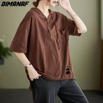 DIMANAF 2023, новинка, большие размеры, женская однотонная футболка с капюшоном, женские свободные хлопковые топы с круглым вырезом и футболки с дырками, топы с короткими рукавами L белый