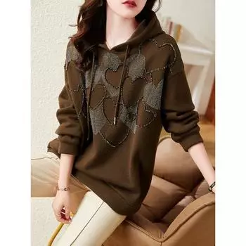 DIMANAF 2023, новинка, большие размеры, женские толстовки и свитшоты с принтом, блестящая шляпа, свободные осенние базовые топы с длинными рукавами и круглым вырезом, новый пуловер One Size коричневый