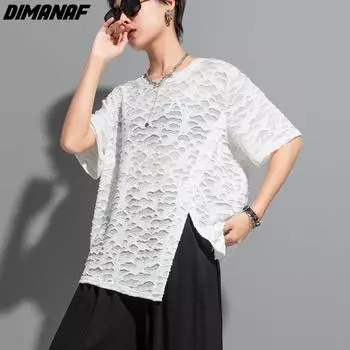 DIMANAF 2023, новинка, женская футболка больших размеров, женские топы и футболки с круглым вырезом со свободными отверстиями, черная асимметричная футболка с короткими рукавами L чёрный