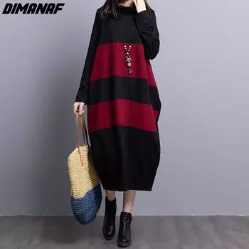 DIMANAF 2023 Новое осеннее стильное женское хлопковое платье в стиле пэчворк с кисточками модное свободное красное платье 2023 длинное платье