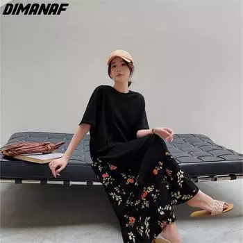 DIMANAF 2023, новое платье больших размеров, летняя женская футболка с цветочным принтом, свободные пляжные повседневные женские платья с круглым вырезом 3XL чёрный