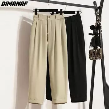 DIMANAF 2023 Новые летние длинные брюки больших размеров женские брюки свободные прямые пуговицы повседневные женские базовые брюки широкие брюки 4XL XL чёрный