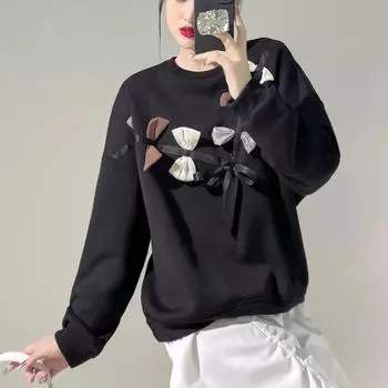 DIMANAF 2023 Новые женские толстовки и свитшоты больших размеров с бантом и длинными рукавами, свободные повседневные свободные повседневные топы с круглым вырезом и цветочным принтом, осенние базовые топы 2023, футболка, новый пуловер
