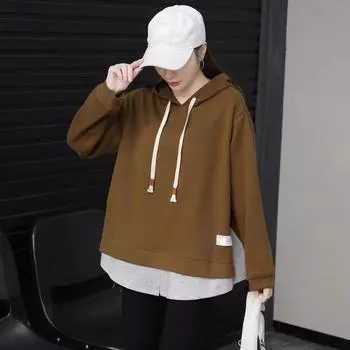 Dimanaf 2023 Новые женские толстовки и свитшоты больших размеров с длинными рукавами в стиле пэчворк Свободные однотонные повседневные осенние базовые топы с круглым вырезом 2023 Футболка со шляпой Новый пуловер