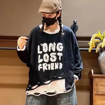 DIMANAF 2023 Новые женские толстовки и свитшоты больших размеров, винтажные свободные осенние базовые топы с длинными рукавами и буквенным принтом, с круглым вырезом, футболка, пуловер, большие размеры