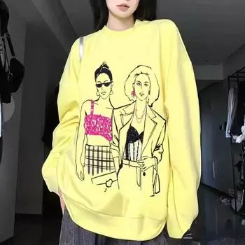 DIMANAF 2023 Новые женские толстовки и свитшоты с принтом для девочек больших размеров, блестящие свободные желтые с длинными рукавами желтые осенние базовые топы с круглым вырезом, новый пуловер