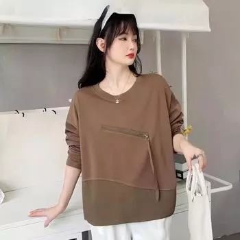 DIMANAF 2023 Новые женские толстовки на молнии больших размеров и свитшоты с длинным рукавом Свободные однотонные повседневные осенние базовые топы с круглым вырезом 2023 Футболка Новый пуловер