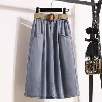 DIMANAF 2023 Новый летний стиль Плюс Размер Юбки Твердые пуговицы Женщины Джинсовые карманы A-Line Синяя базовая юбка 5XL XL синий