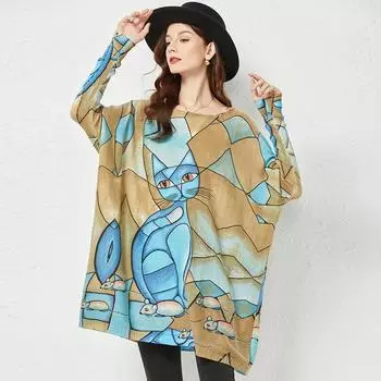 DIMANAF 2023 Новый осенний свитер больших размеров, пуловер большого размера, женский свитер с узором «летучая мышь» и цветочным принтом, вязаный свободный свитер