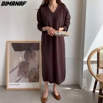DIMANAF 2023 Новый женский осенне-зимний свитер больших размеров с длинными рукавами, вязаное свободное базовое элегантное женское платье