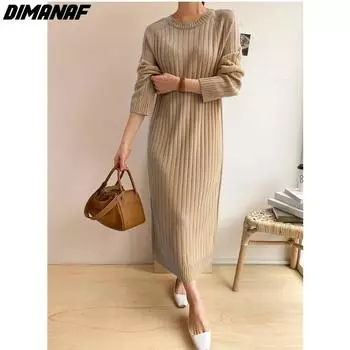DIMANAF 2023 Новый женский осенне-зимний свитер больших размеров, шерстяное платье с длинными рукавами, вязаное свободное базовое элегантное женское платье в полоску