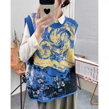 DIMANAF 2023 Новый жилет больших размеров большого размера Осенние женские свитера с узором и принтом Вязание Модные свободные свитера больших размеров Синий Базовый повседневный стиль Свободный свитер One Size