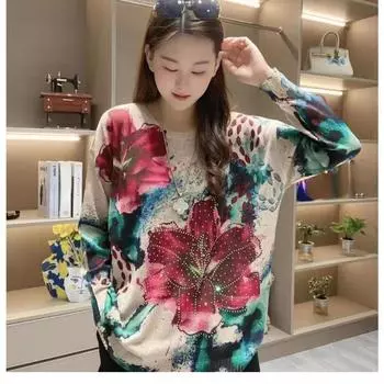 DIMANAF 2023, осенние свитера больших размеров, пуловеры больших размеров, женские свитера с цветочным принтом, украшение, вязаный свободный свитер One Size