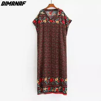DIMANAF 2023 платье больших размеров женская одежда летний сарафан красный богемный цветочный принт элегантное женское свободное платье макси больших размеров