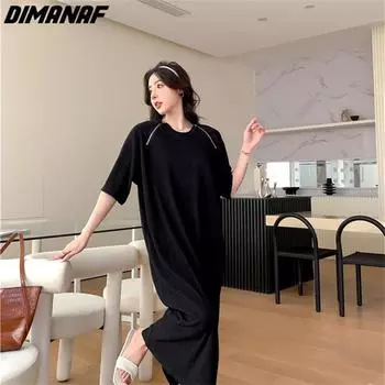 DIMANAF 2023 Платье больших размеров Летние женские свободные пляжные женские платья на молнии с круглым вырезом XL чёрный