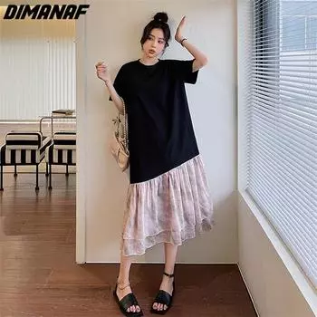 DIMANAF 2023 платье больших размеров летние женские хлопковые шифоновые с цветочным принтом свободные пляжные повседневные винтажные женские платья с круглым вырезом