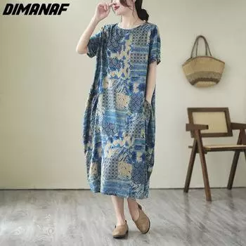 DIMANAF 2023 Платье больших размеров, летнее женское льняное свободное платье с цветочным принтом, пляжное повседневное винтажное платье с карманами XL синий