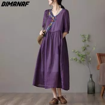 DIMANAF 2023 Платье больших размеров, летние женские льняные свободные пляжные повседневные женские длинные платья с v-образным вырезом фиолетового цвета с круглым вырезом