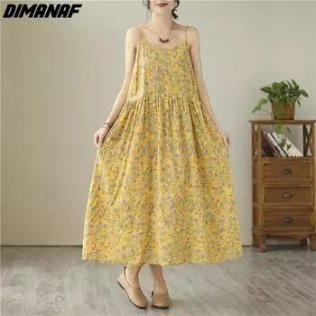DIMANAF 2023 платье больших размеров летние женские льняные без рукавов с цветочным принтом свободные пляжные повседневные винтажные топы и футболки XL оранжевый