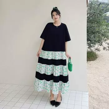 DIMANAF 2023 Платье-футболка больших размеров Летнее женское хлопковое платье Свободное пляжное повседневное женское шифоновое черное платье с круглым вырезом и цветочным принтом