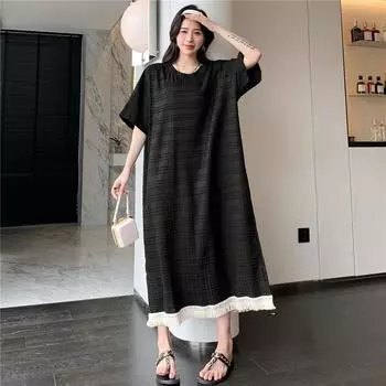 DIMANAF 2023 Платье-футболка больших размеров Летнее женское хлопковое дизайнерское платье Свободное пляжное повседневное женское сетчатое кружевное мягкое платье трапециевидной формы с круглым вырезом чистого цвета