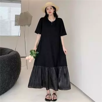 DIMANAF 2023 Платье-футболка больших размеров Летнее женское хлопковое дизайнерское платье Свободное пляжное повседневное женское сетчатое модное платье трапециевидной формы чистого цвета