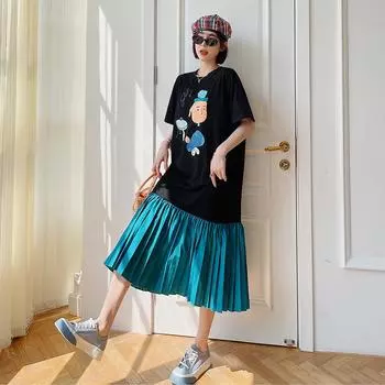 DIMANAF 2023 Платье-футболка больших размеров Летнее женское хлопковое дизайнерское платье Свободное пляжное повседневное женское сетчатое платье трапециевидной формы с круглым вырезом однотонного цвета