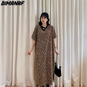 DIMANAF 2023, платье-футболка больших размеров, летние женские леопардовые свободные пляжные лоскутные повседневные модные женские длинные платья