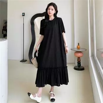 DIMANAF 2023 Платье-футболка больших размеров Летнее женское хлопковое дизайнерское платье Свободное пляжное повседневное женское сетчатое платье трапециевидной формы с круглым вырезом однотонного цвета