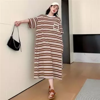 DIMANAF 2023 Платье-футболка больших размеров Летнее женское хлопковое дизайнерское платье Свободное пляжное повседневное женское платье в полоску с принтом Мягкое одноцветное платье трапециевидной формы с круглым вырезом