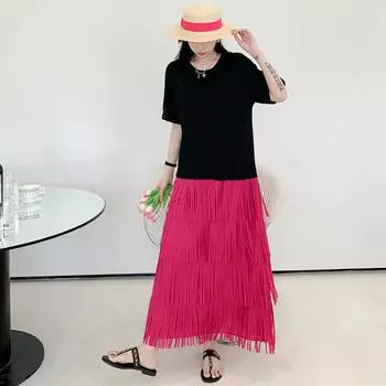 DIMANAF 2023 Платье-футболка больших размеров Летнее женское хлопковое платье Свободное пляжное повседневное женское тонкое длинное платье с кисточками и круглым вырезом в полоску с принтом с коротким рукавом