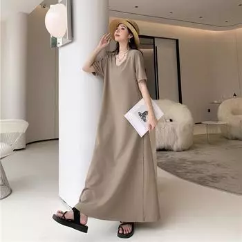 DIMANAF 2023 Платье-футболка больших размеров Летнее женское хлопковое дизайнерское платье Свободное пляжное повседневное женское сетчатое платье Мягкое однотонное платье трапециевидной формы с круглым вырезом