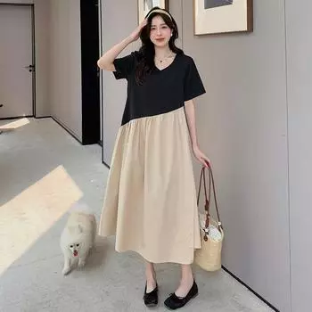 DIMANAF 2023 Платье-футболка больших размеров Летнее женское хлопковое дизайнерское платье Свободное пляжное повседневное женское сетчатое платье из двух частей с круглым вырезом Однотонное платье трапециевидной формы XL чёрный