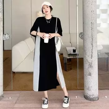 DIMANAF 2023 Платье-футболка больших размеров Летнее женское хлопковое платье Свободное пляжное повседневное женское сетчатое тонкое длинное платье с круглым вырезом и полосатым принтом с коротким рукавом XL чёрный