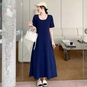 DIMANAF 2023 Платье-футболка больших размеров Летнее женское хлопковое дизайнерское платье Свободное пляжное повседневное женское сетчатое платье с U-образным вырезом Однотонное трапециевидное платье-миди