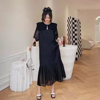 DIMANAF 2023 Платье-футболка больших размеров Летнее женское хлопковое платье Свободное пляжное повседневное женское шифоновое шелковое кружевное черное платье с круглым вырезом