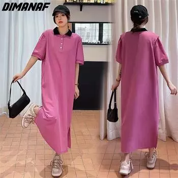 DIMANAF 2023 плюс размер футболка платье летние женские свободные пляжные лоскутные повседневные модные женские длинные платья с круглым вырезом розовые XL розовый