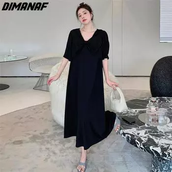 DIMANAF 2023 Плюс Размер Футболка Платье Летнее Женское Однотонное Свободное Пляжное Платье с V-образным Вырезом Черный Повседневный Женский Платье