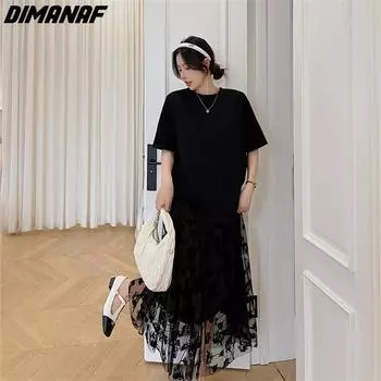 DIMANAF 2023 Плюс Размер Футболка Платье Лето Сетчатое Женское Свободное Пляжное Лоскутное Повседневное Модное Женское Длинное Платье Черный О-Образным Вырезом
