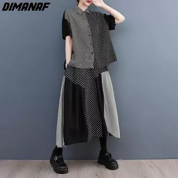 DIMANAF 2023 плюс размер комплект из двух предметов женский костюм в полоску Vinatge с принтом элегантные топы и брюки женский летний костюм